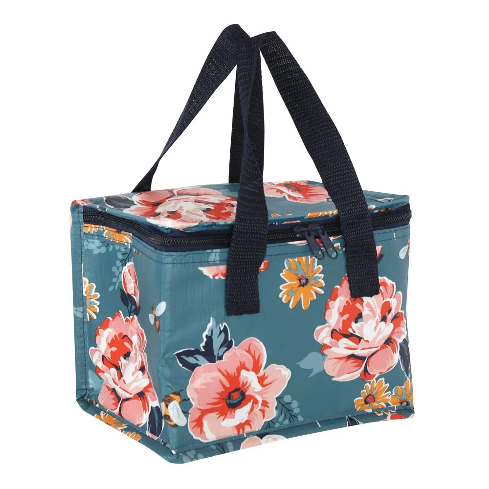 Insulated lunch bag with floral design, navy handles and zipper, made from 40% recycled plastic