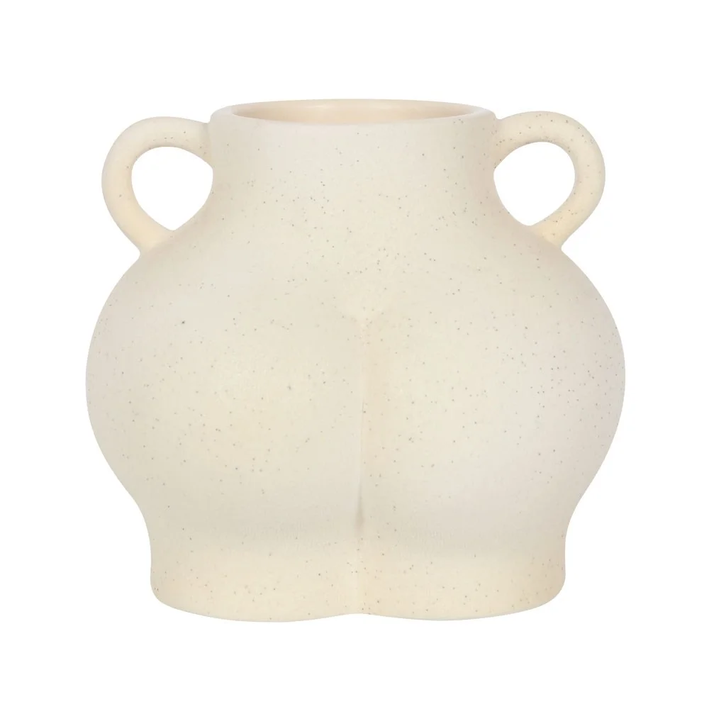 Cream speckle plant pot shaped like a bum with textured dolomite finish, cream colour, 14cm tall on white background