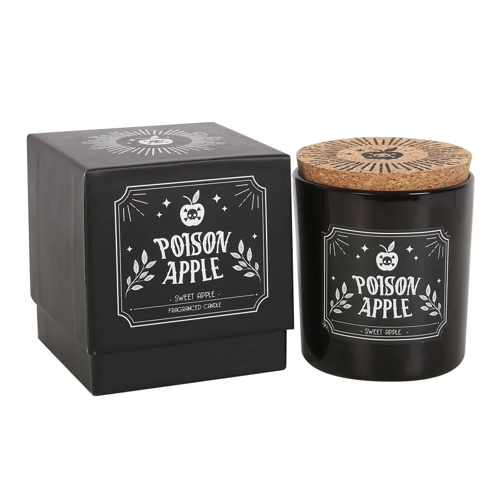 Poison apple candle in a clear glass jar with a white label featuring a red apple illustration and black text