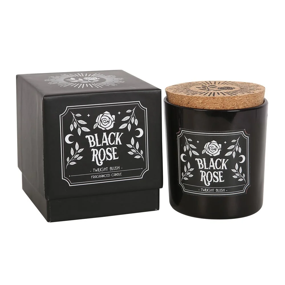 Black rose candle in a glass jar with black label reading Black Rose Twilight Blush Candle on white background