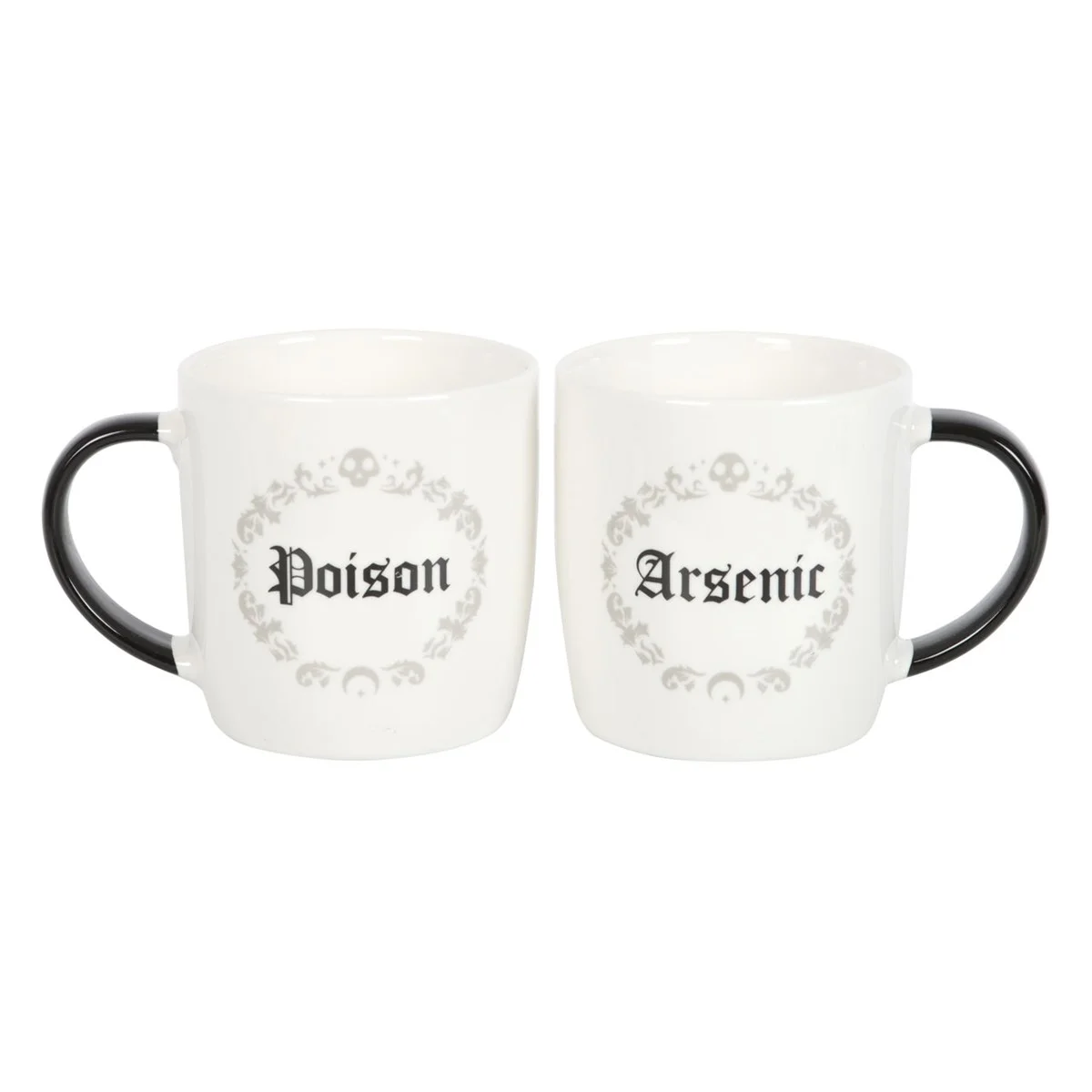 Couples mug set with black mugs labeled Poison and Arsenic, 350ml capacity, in matching gift box