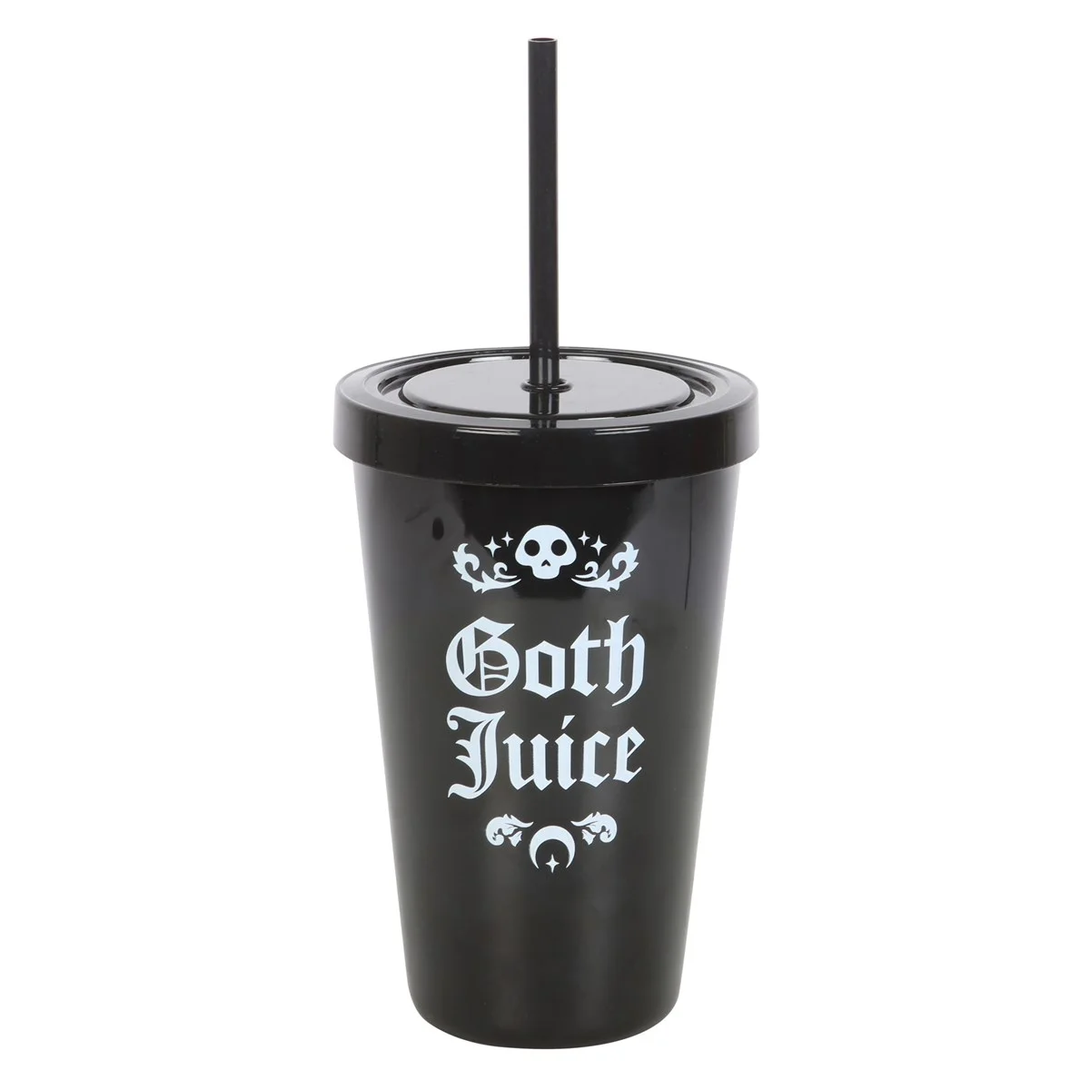 Black plastic tumbler with straw featuring bold white "Goth Juice" text, 500ml capacity, sleek and stylish design