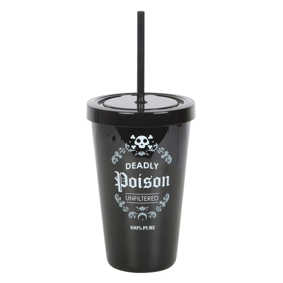 Black 500ml Deadly Poison tumbler with white text and matching black straw on plain background