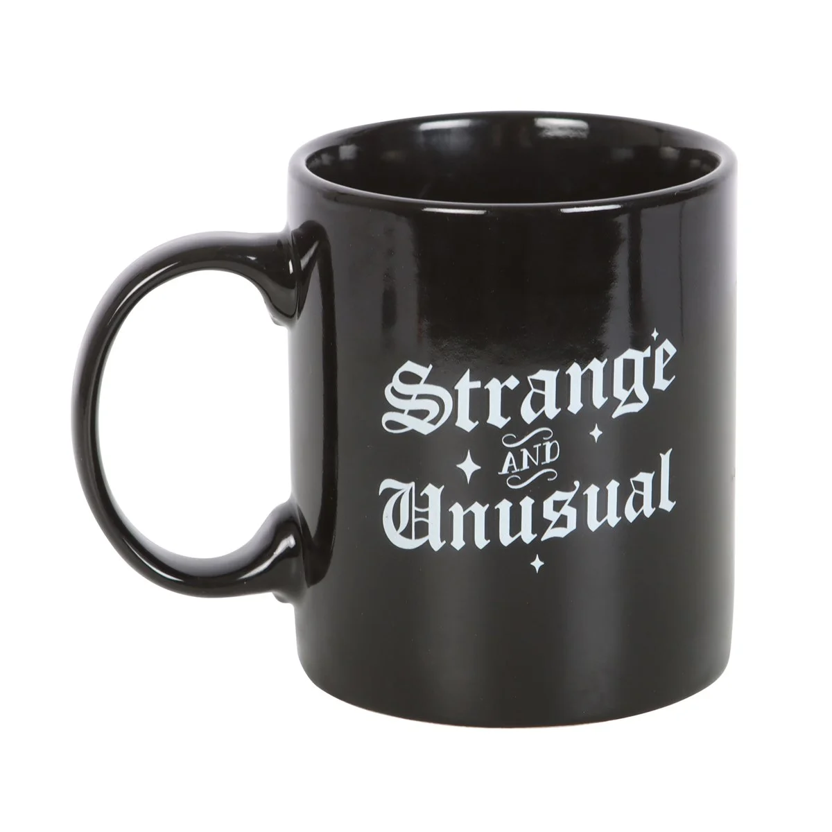 White ceramic strange and unusual mug with gothic text, 300ml capacity, shown on white background