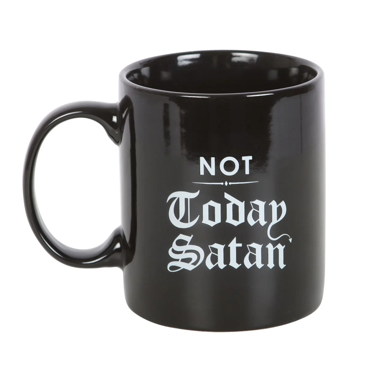White funny ceramic mug with black gothic text "Not Today Satan" on front, 300ml capacity, microwave safe