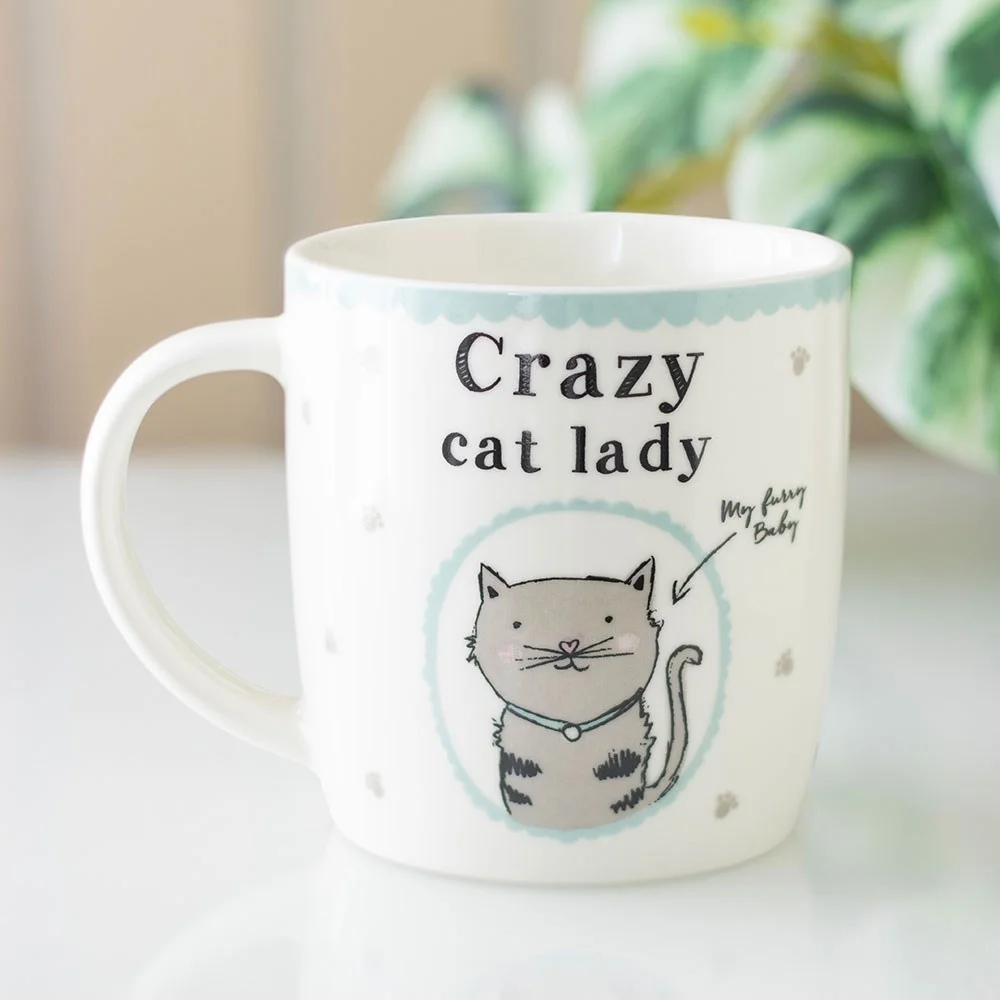 White ceramic crazy cat lady mug with cat illustrations, presented in a decorative gift box