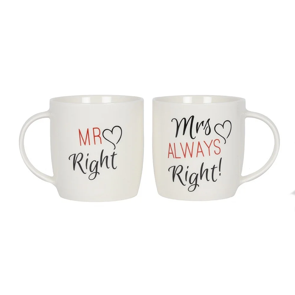 Set of 2 ceramic mugs with Mr and Mrs text, boxed as a Mr & Mrs mug set gift for bride and groom
