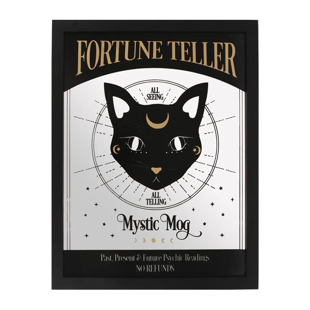 Mystic mirrored wall hanging with a black cat and fortune teller text in black and white design, 45cm by 35cm.