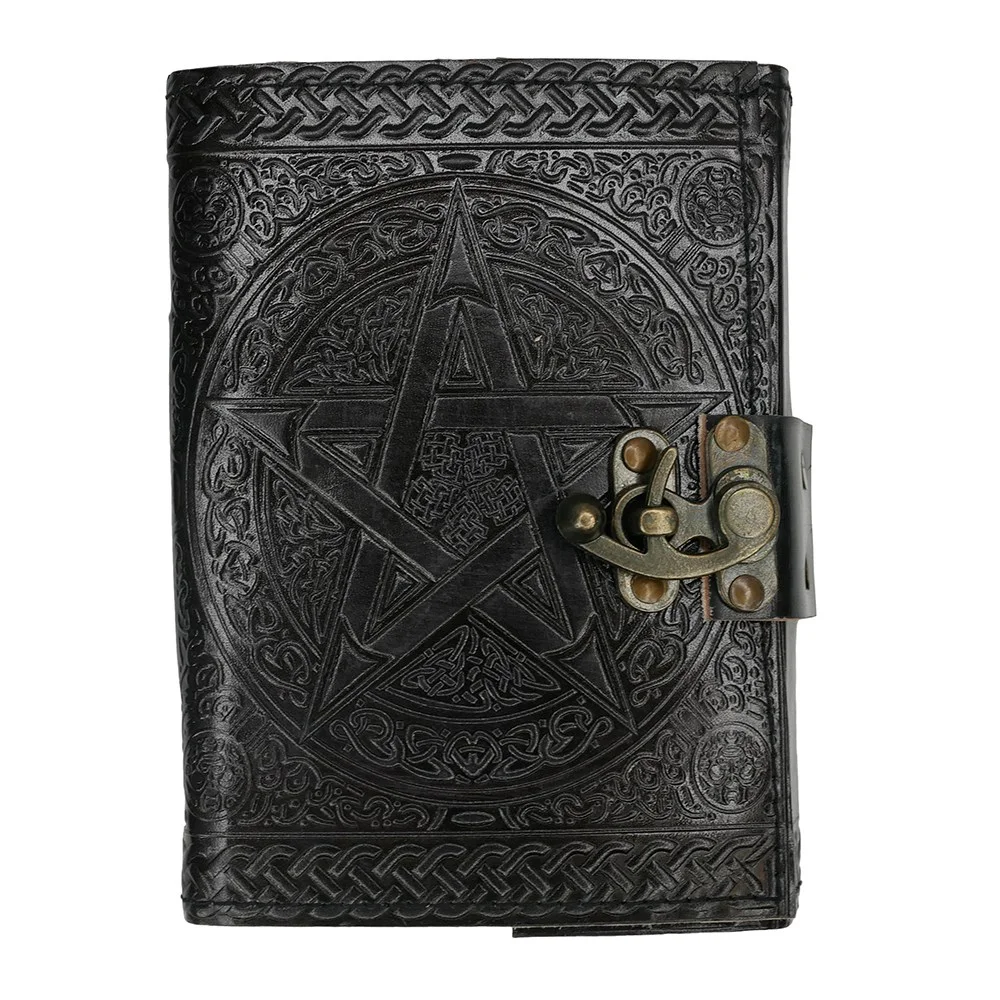 Black leather pentagram journal with embossed design and metal clasp, slightly worn rustic style, 17.5cm by 13cm