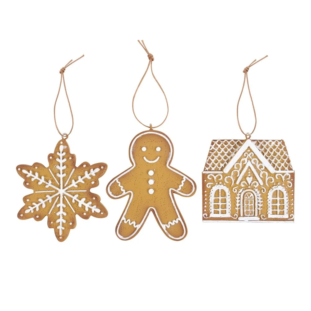 Set of 3 hanging gingerbread decorations with glitter details, designed as festive Christmas tree ornaments