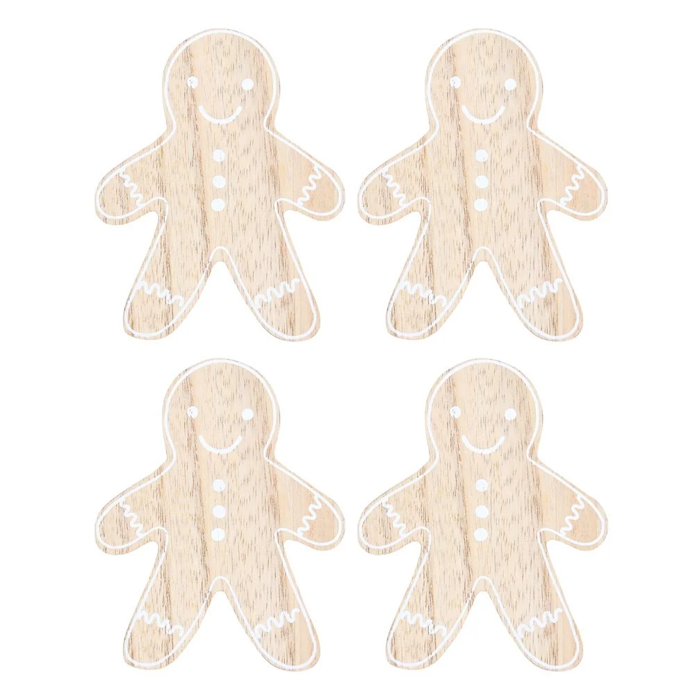 Set of 4 gingerbread man coasters with wood grain pattern arranged on a white surface for Christmas table use