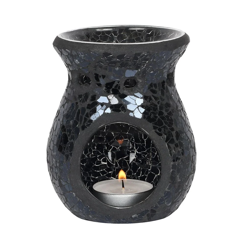 small black glass oil burner with mirror‑crackle finish, bowl shape, sleek design.