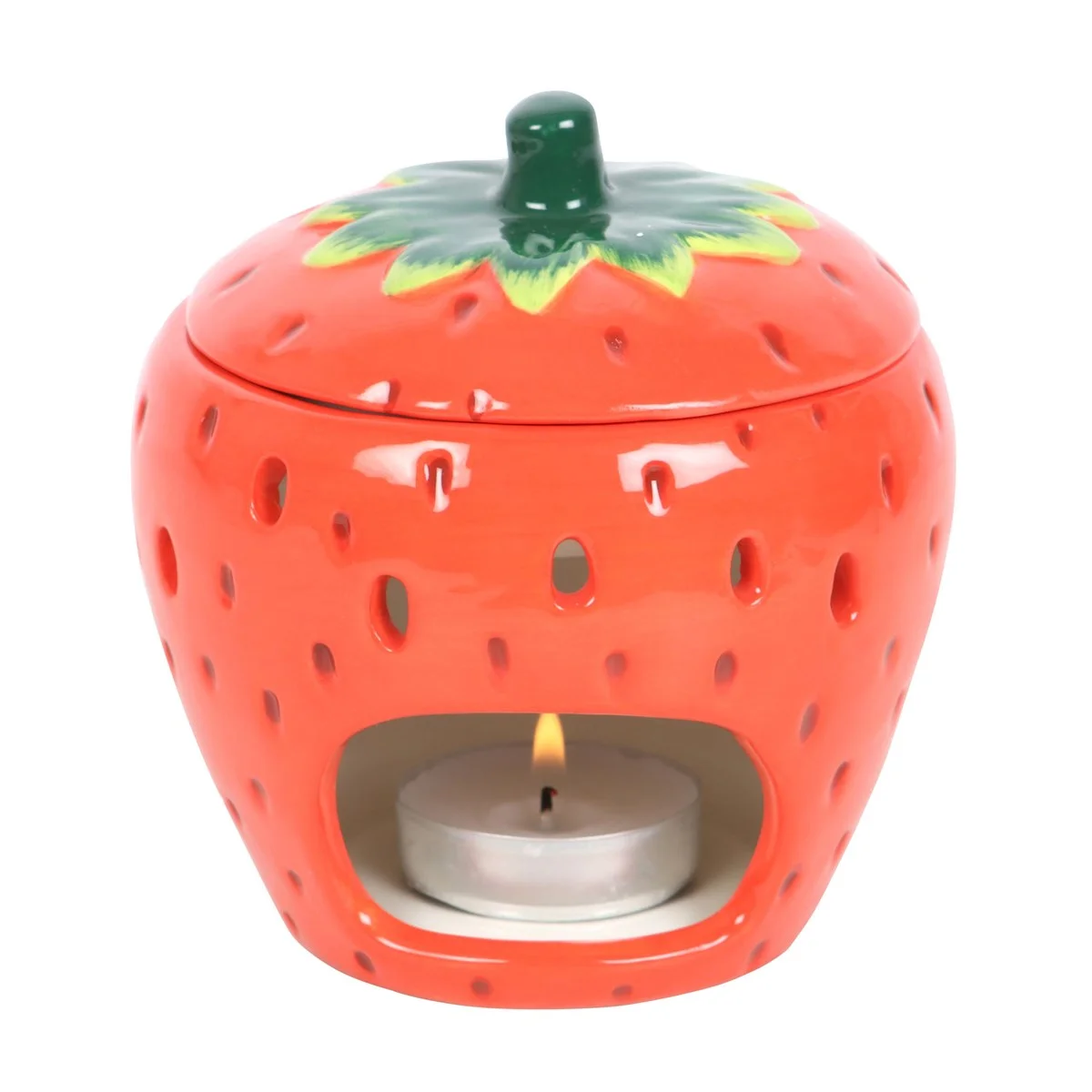 Bright red strawberry oil burner with lid, designed for fragrance oils, adding playful charm to home decor