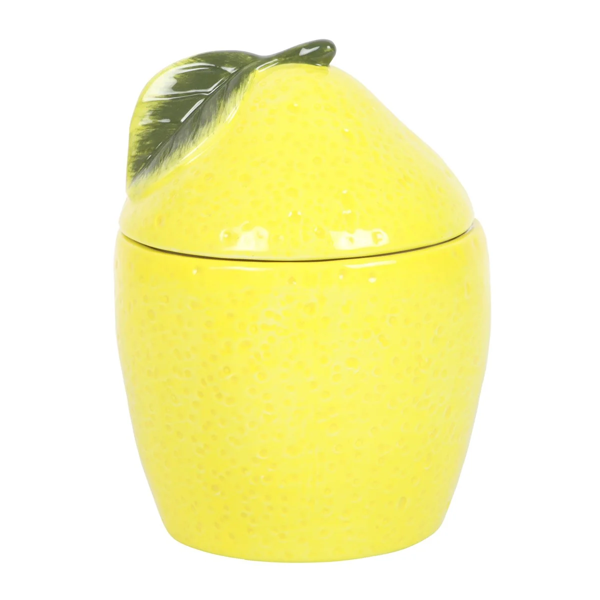 Bright yellow lemon oil burner with lid, designed for fragrance oils, adding a playful touch to home decor