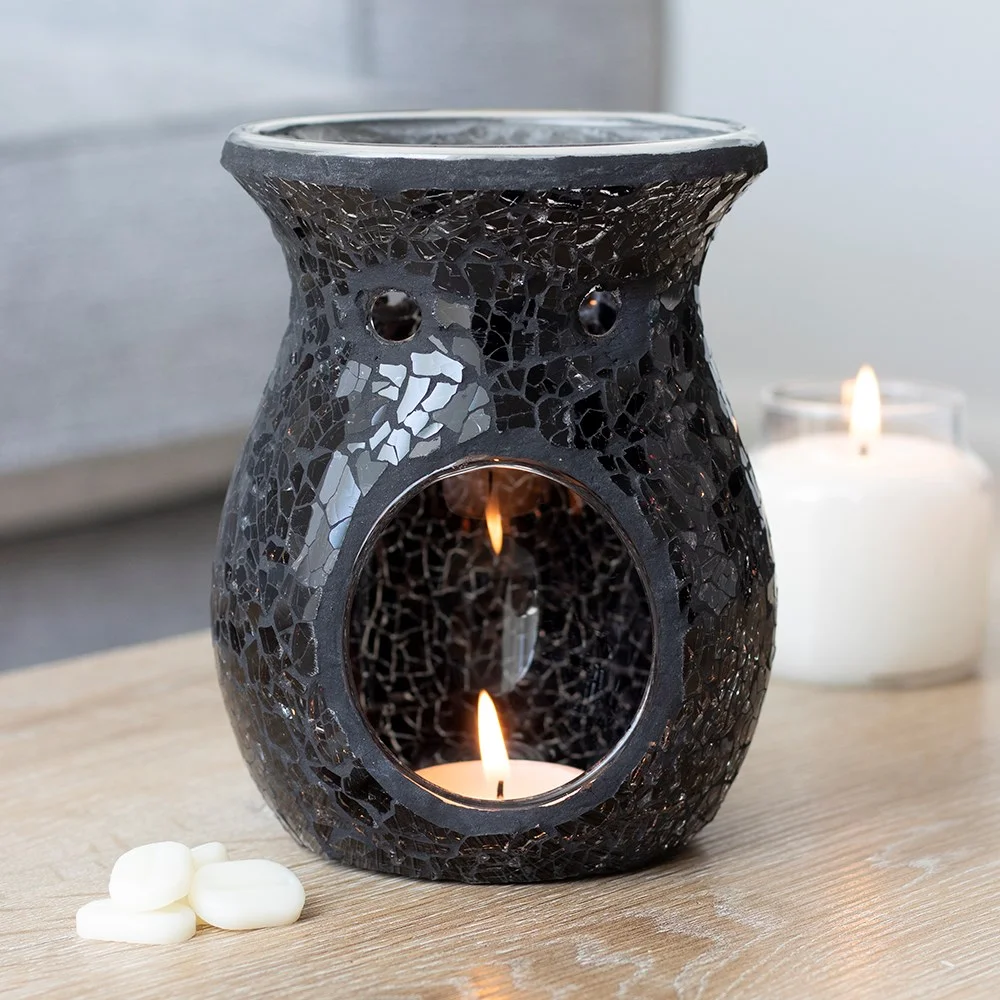 Large black crackle oil burner with a mirrored finish and a deep bowl for wax melts or oil burning, 14cm tall.