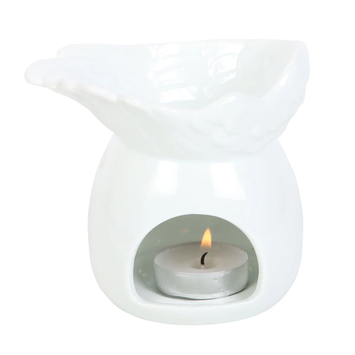 Elegant angel wing oil burner with deep bowl for fragrance oils or wax melts on a white background