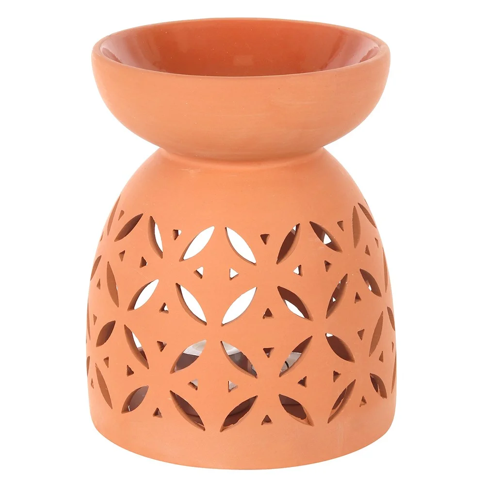 Large terracotta oil burner with a wide dish on top, designed for fragrance oils or wax melts, 20cm tall