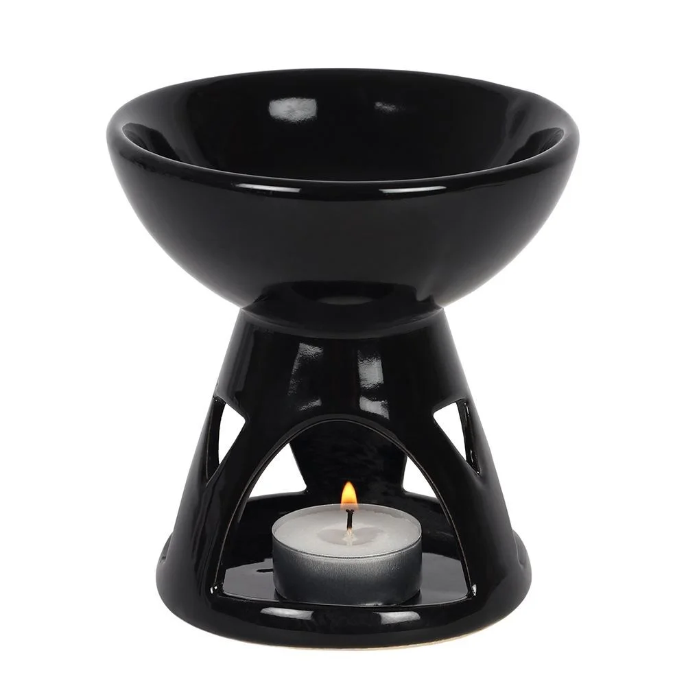 Black oil burner with deep bowl, modern minimalist design, black ceramic, 12cm tall, square base