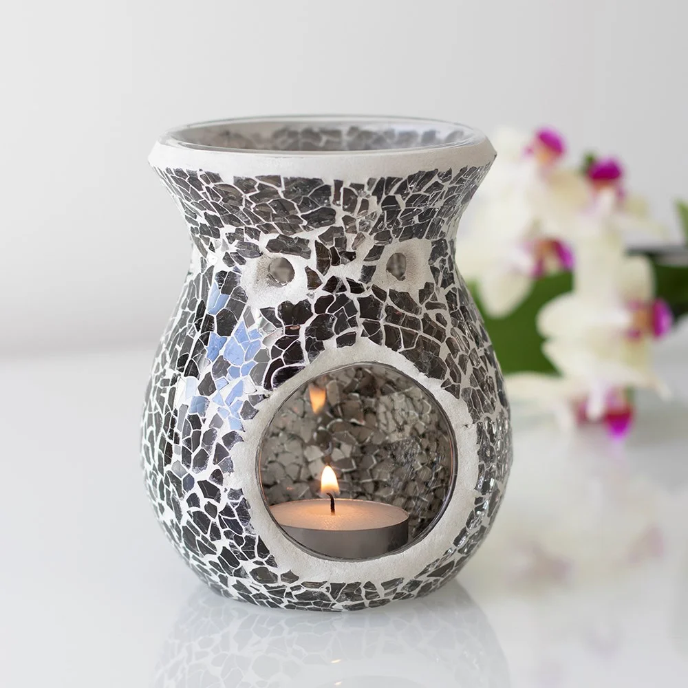 Small gunmetal grey crackle small oil burner and wax warmer with mirrored finish, 11cm tall on white background