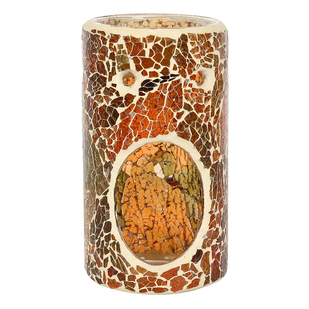 Brown oil burner with pillar shape and mirrored crackle effect, 14.5cm tall, ideal for oil or wax melting.