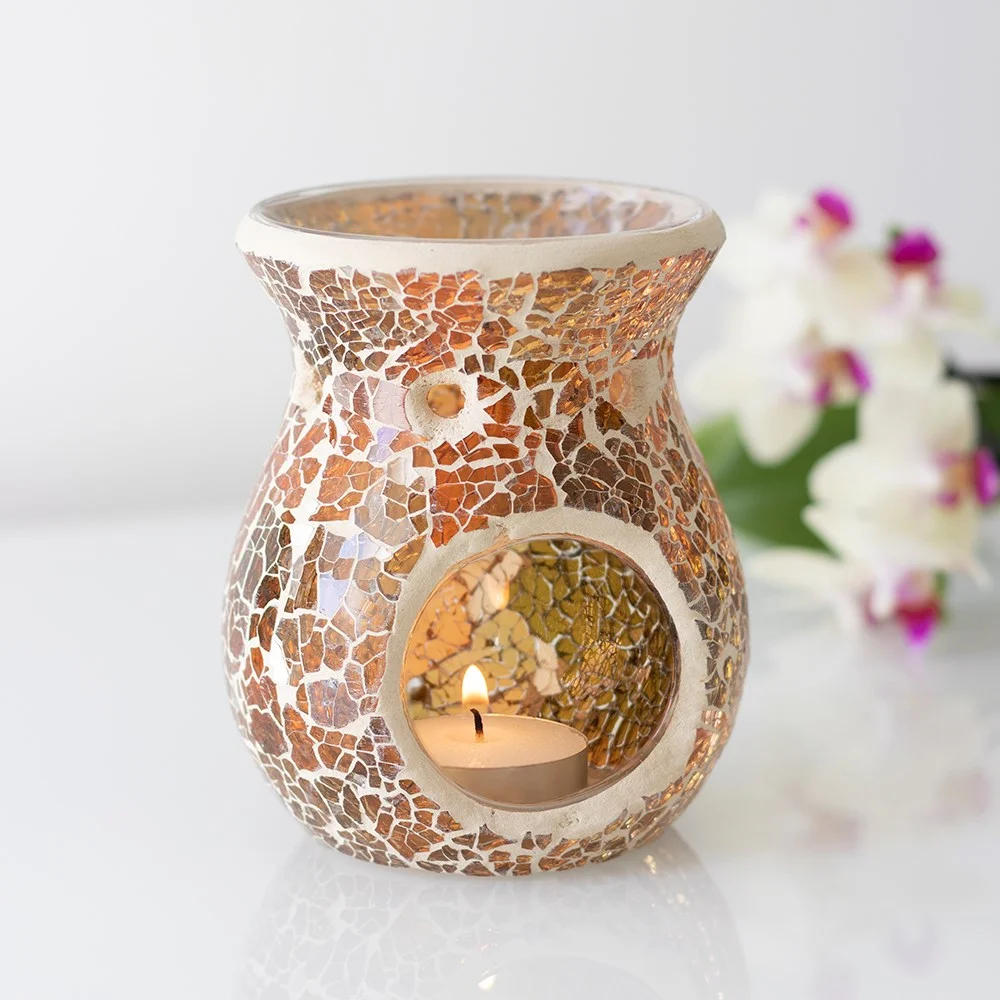 Small brown crackle small oil burner and wax warmer with mirrored finish, 11cm tall, for natural decor spaces