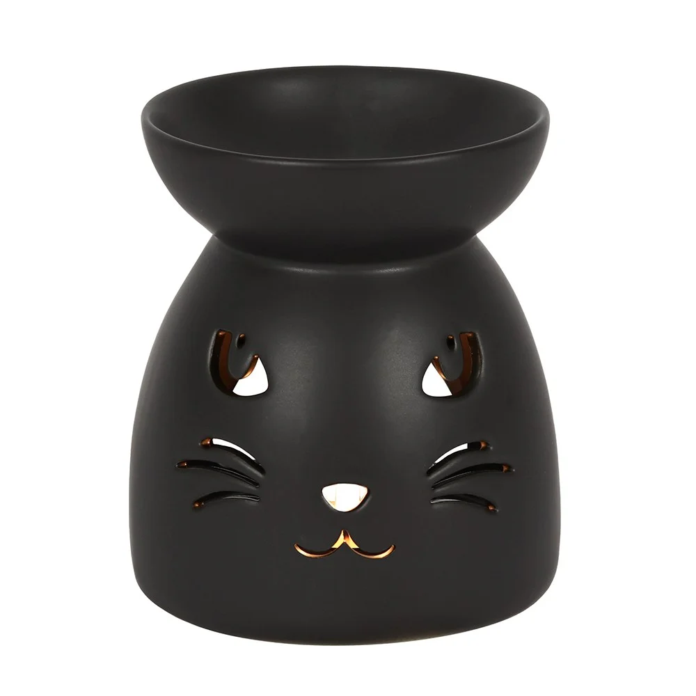 Black ceramic black cat oil burner with cutout cat face and matt finish for fragrance oil and wax warming