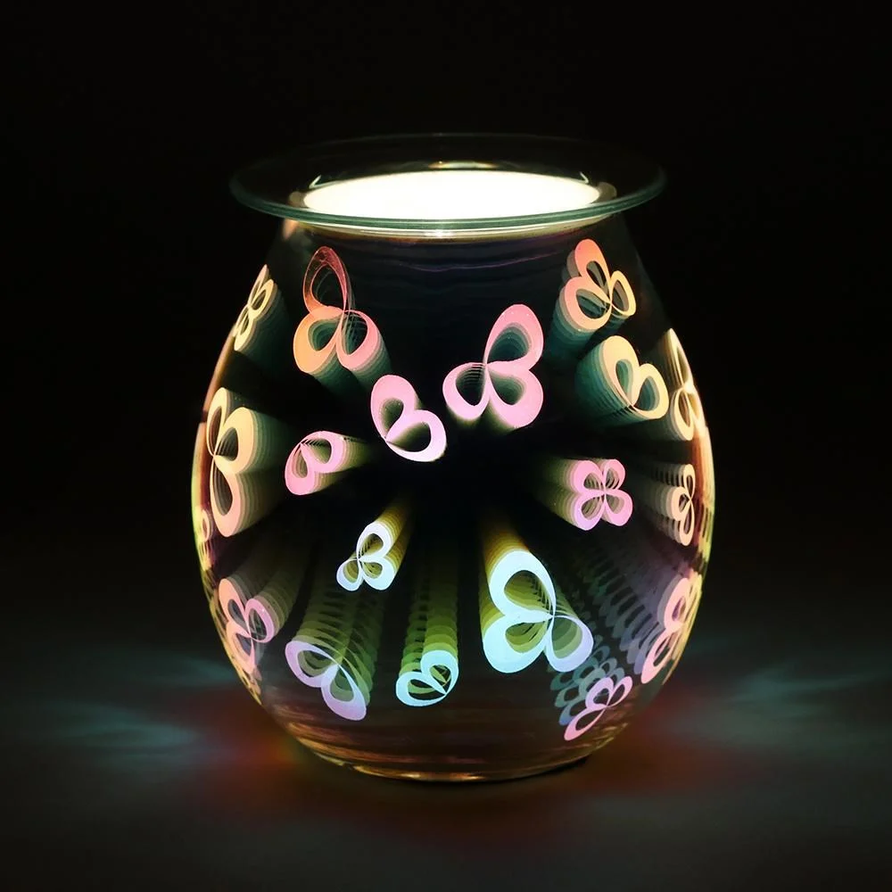 Electric oil burner with illuminated 3D flower petals, compact design, placed on a white surface, glowing softly
