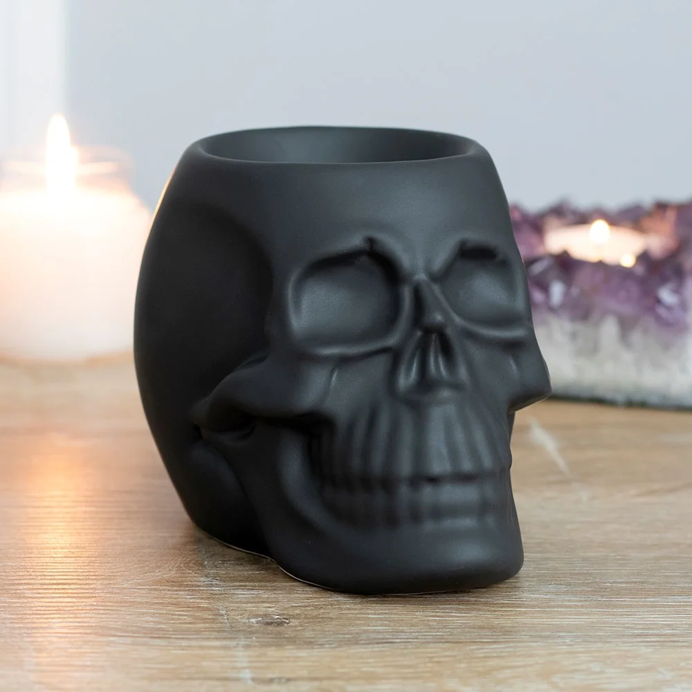 matt black skull oil burner with deep bowl, suitable for fragrance oils and wax melts