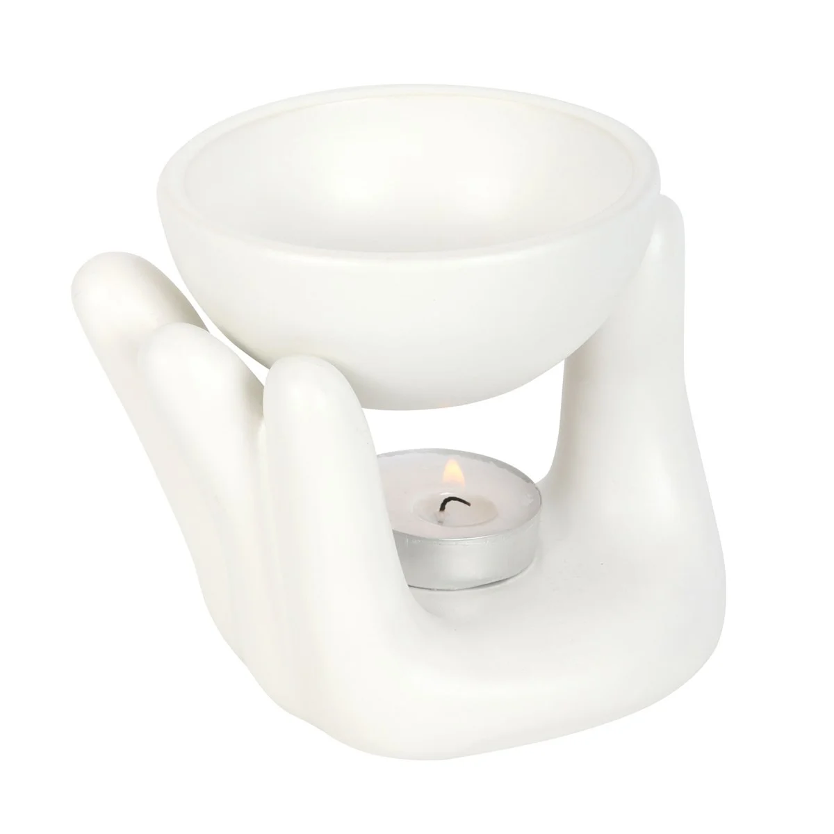 White ceramic oil burner shaped like a hand, designed for diffusing fragrance oils in a modern home setting