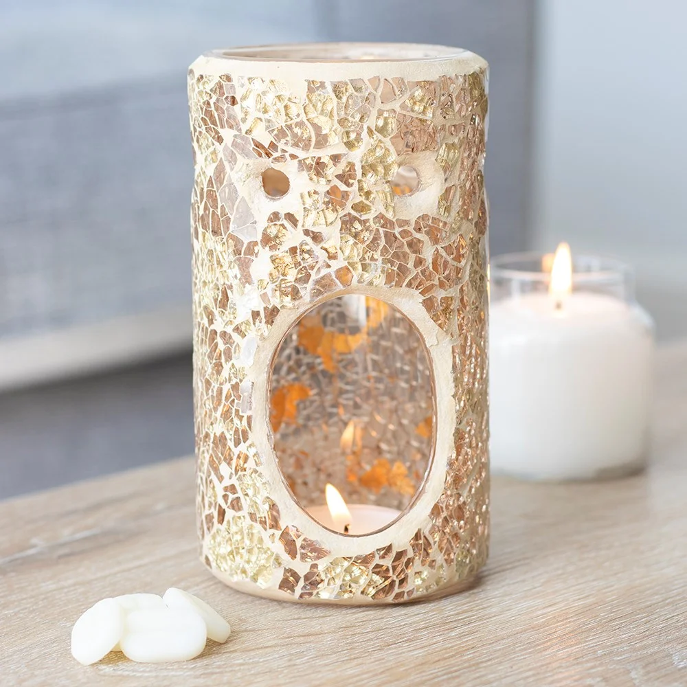 Gold glass oil burner with pillar shape and mirrored crackle effect, 14.5cm tall, suitable for wax melts or oils