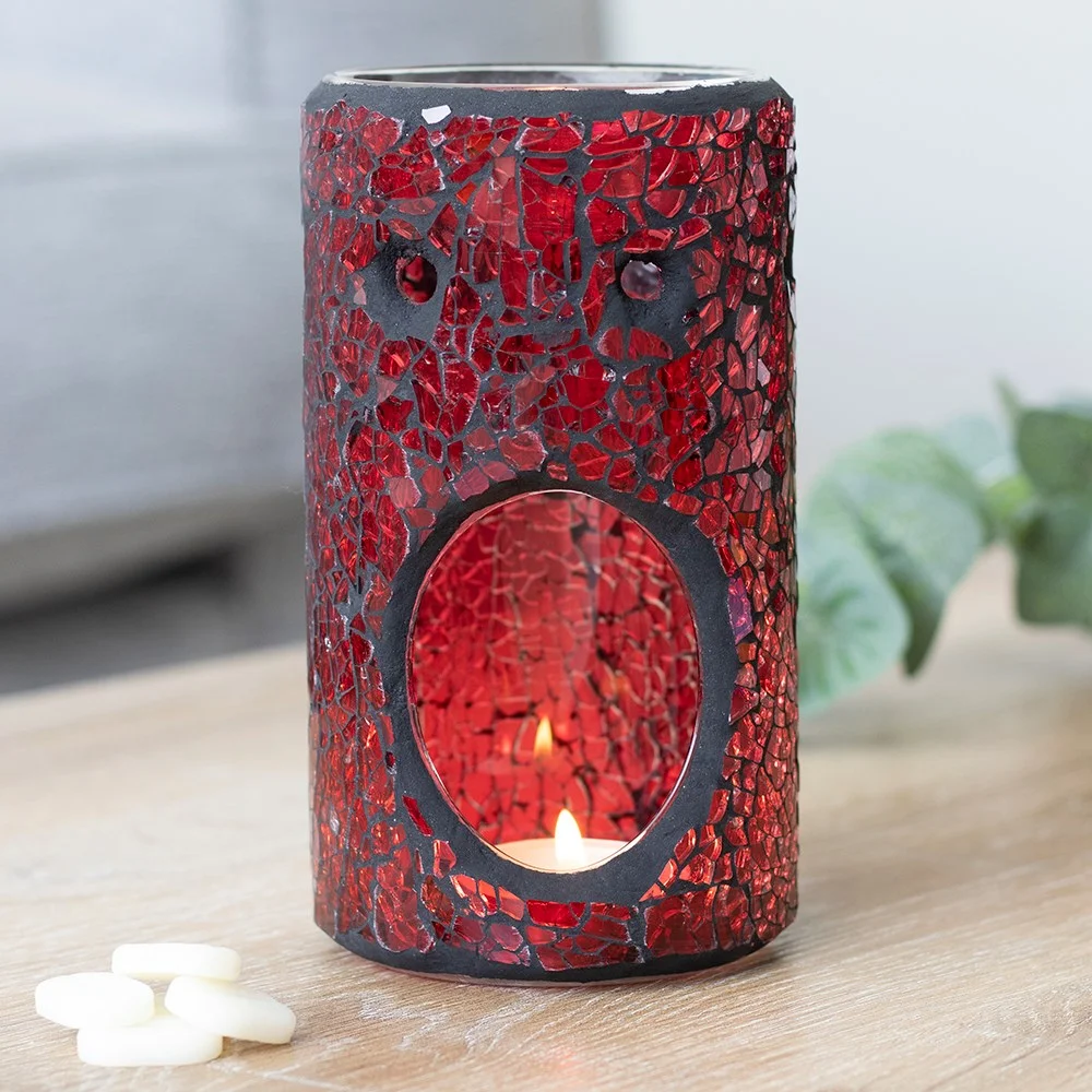 Red pillar crackle glass oil burner with a bowl on top for wax melts, measuring 14.5cm tall and 8cm wide