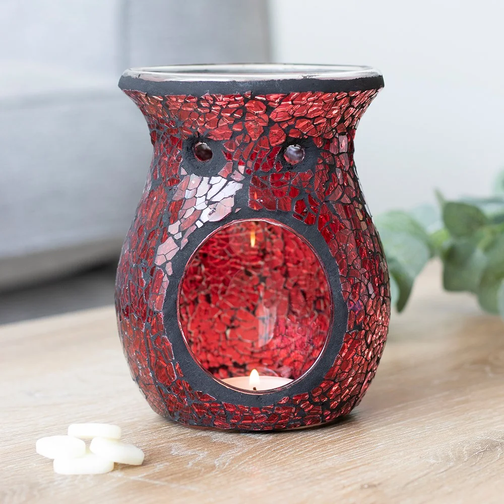 Large red glass oil burner with crackle effect, 14cm tall, designed for oil or wax melting use