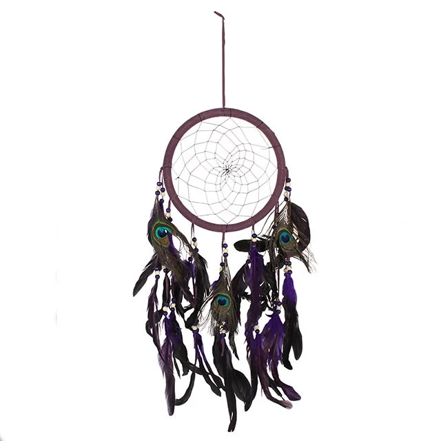 Large purple peacock feather dreamcatcher with purple stitching and stunning peacock feathers.