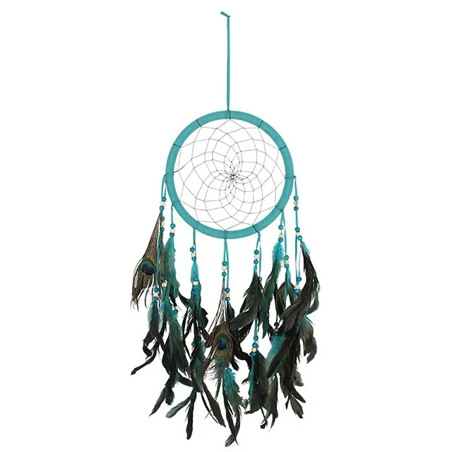 Turquoise and green peacock feather dreamcatcher with vibrant blues, measuring 58cm tall and 22cm wide