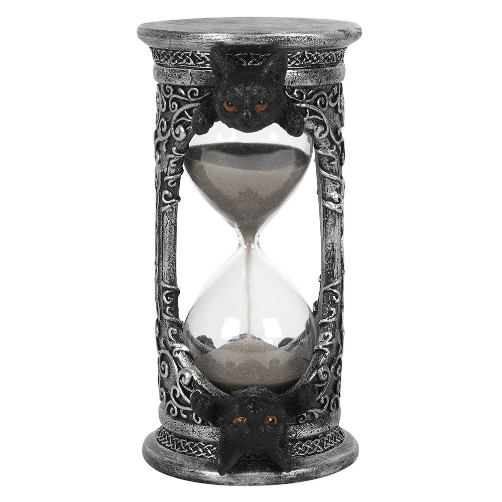 17cm black cat hourglass timer with gothic designs, faux silver finish, and grey sand in resin casing