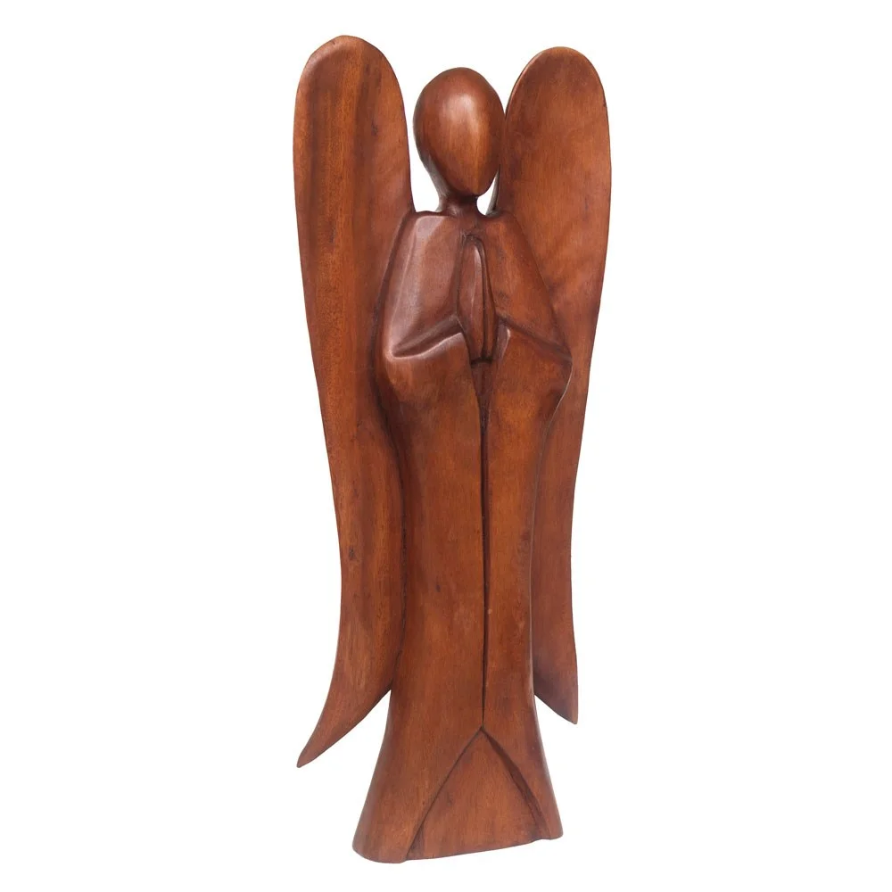 Handcarved freestanding acacia wood angel ornament showing natural wood grain, 50cm tall, smooth finish