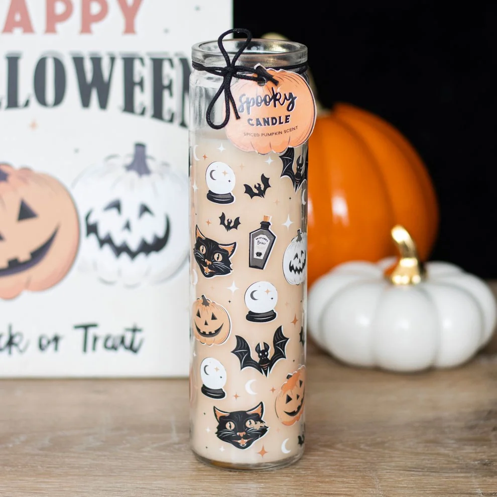 Tall tube spiced pumpkin candle with black cat and pumpkin Halloween design on white background