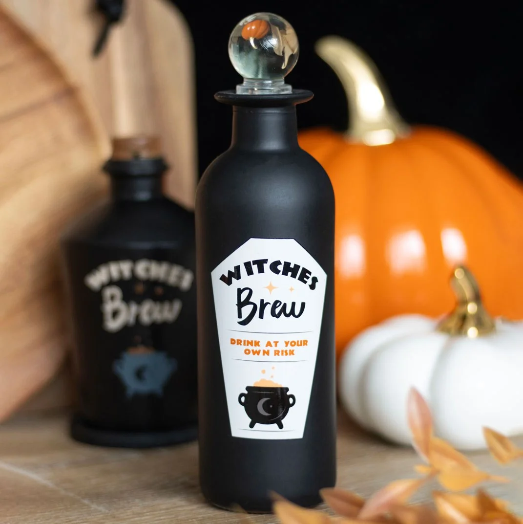 Decorative potion bottle labeled Witches Brew with cork stopper, 270ml clear glass for bath and body potions