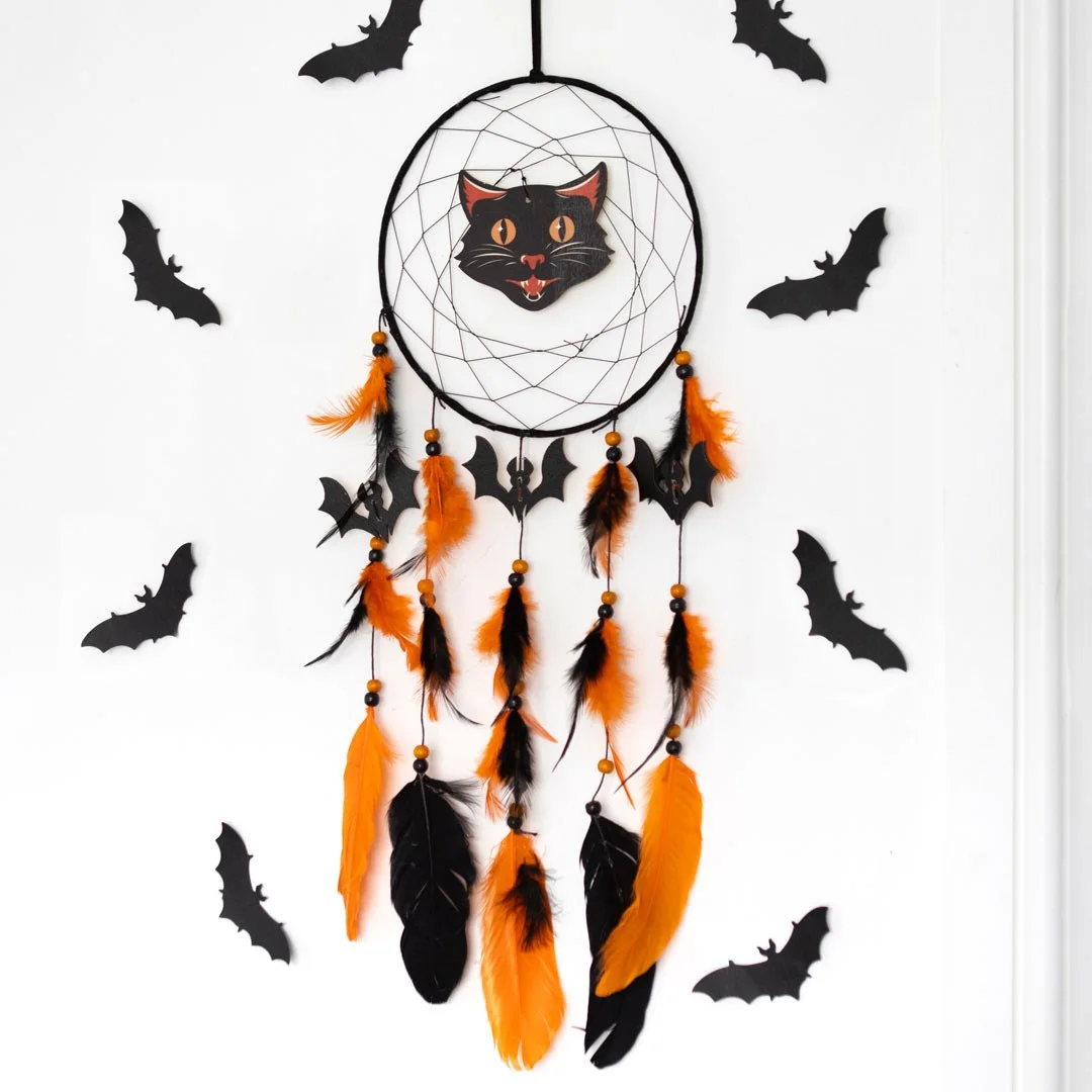 Black cat Halloween dreamcatcher with black and orange colors, bats, and a central black cat for spooky decor