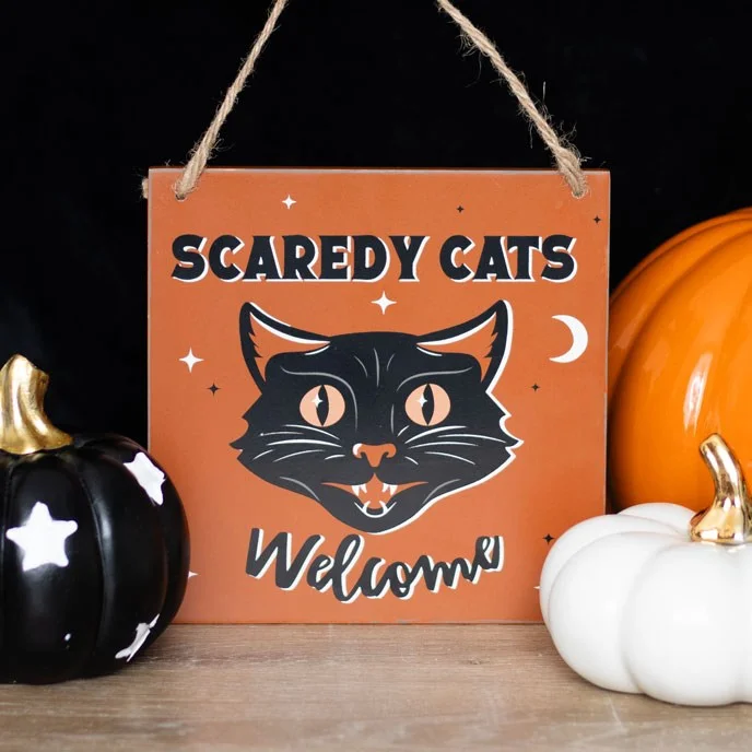 Vintage style Halloween hanging sign with black cat and "Scaredy Cats Welcome" text on orange background