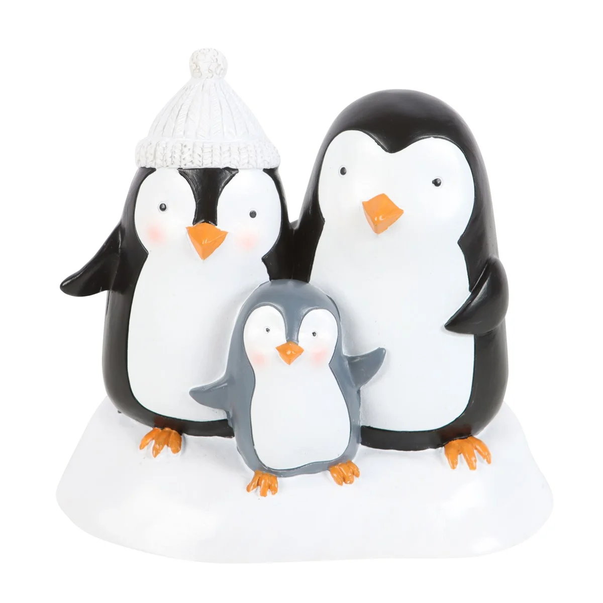 Chubby penguin family ornament made of resin, showing a playful group ready for winter snow fun