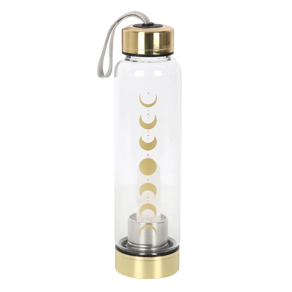 Clear quartz moon phase glass water bottle standing upright with silver cap on white background