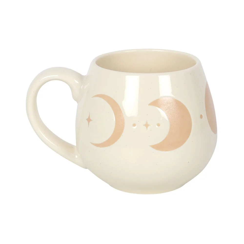 Rounded white ceramic moon phase mug with black lunar cycle design, suitable for microwave and dishwasher use