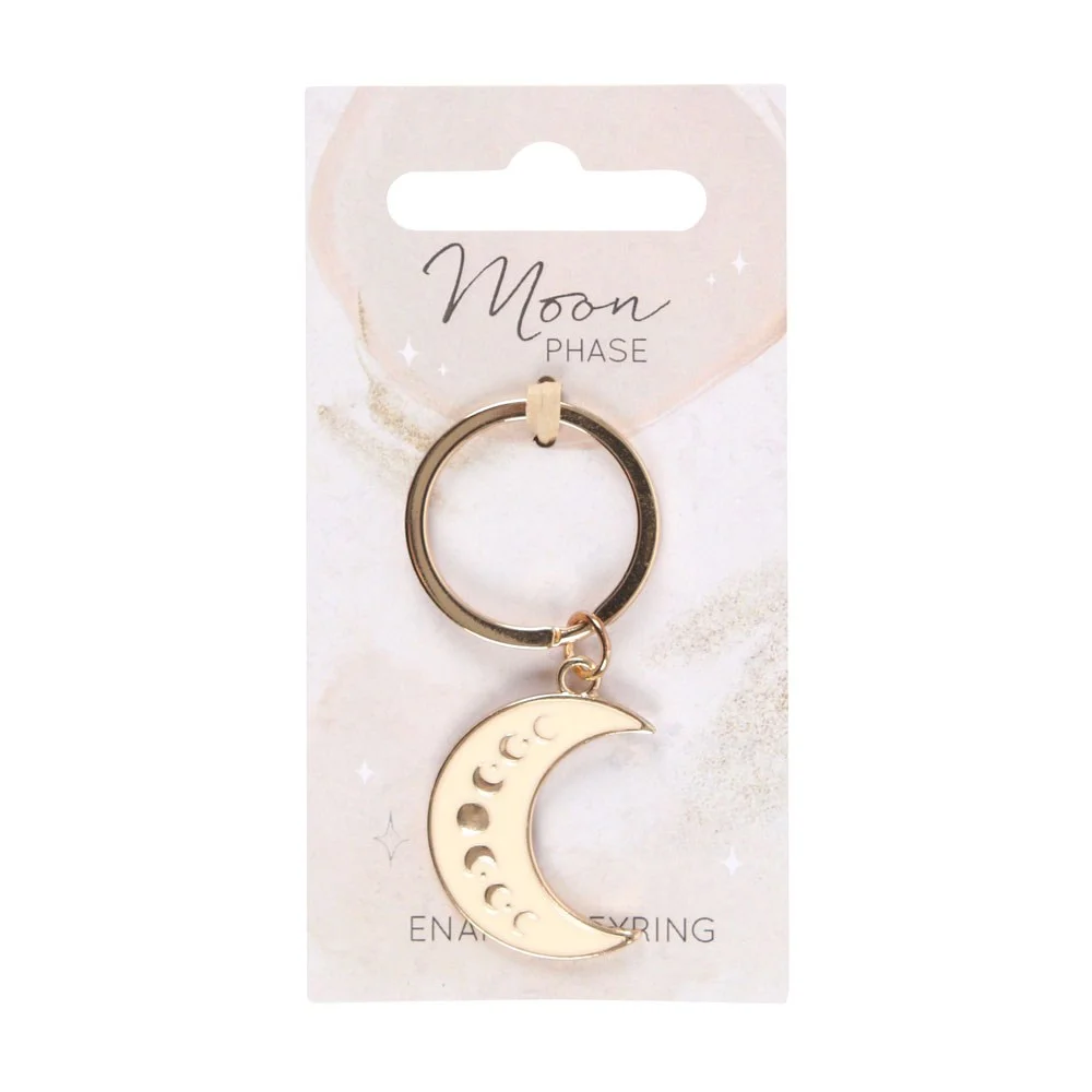 Moon phase keyring with gold-tone crescent enamel charm on matching backing card