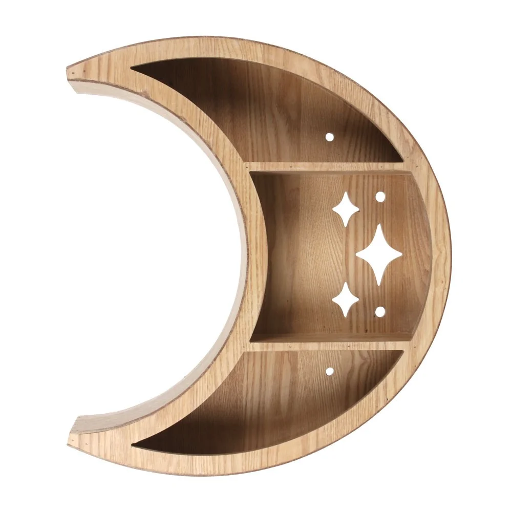 Wooden crescent moon shelf with cut-out sparkle designs, displaying crystals and plants on a light wood grain finish
