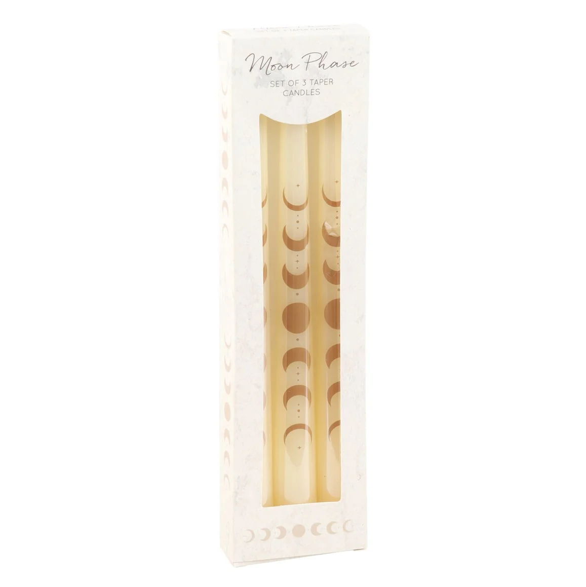 Set of 3 off white moon phases taper candles with subtle celestial design on a plain background