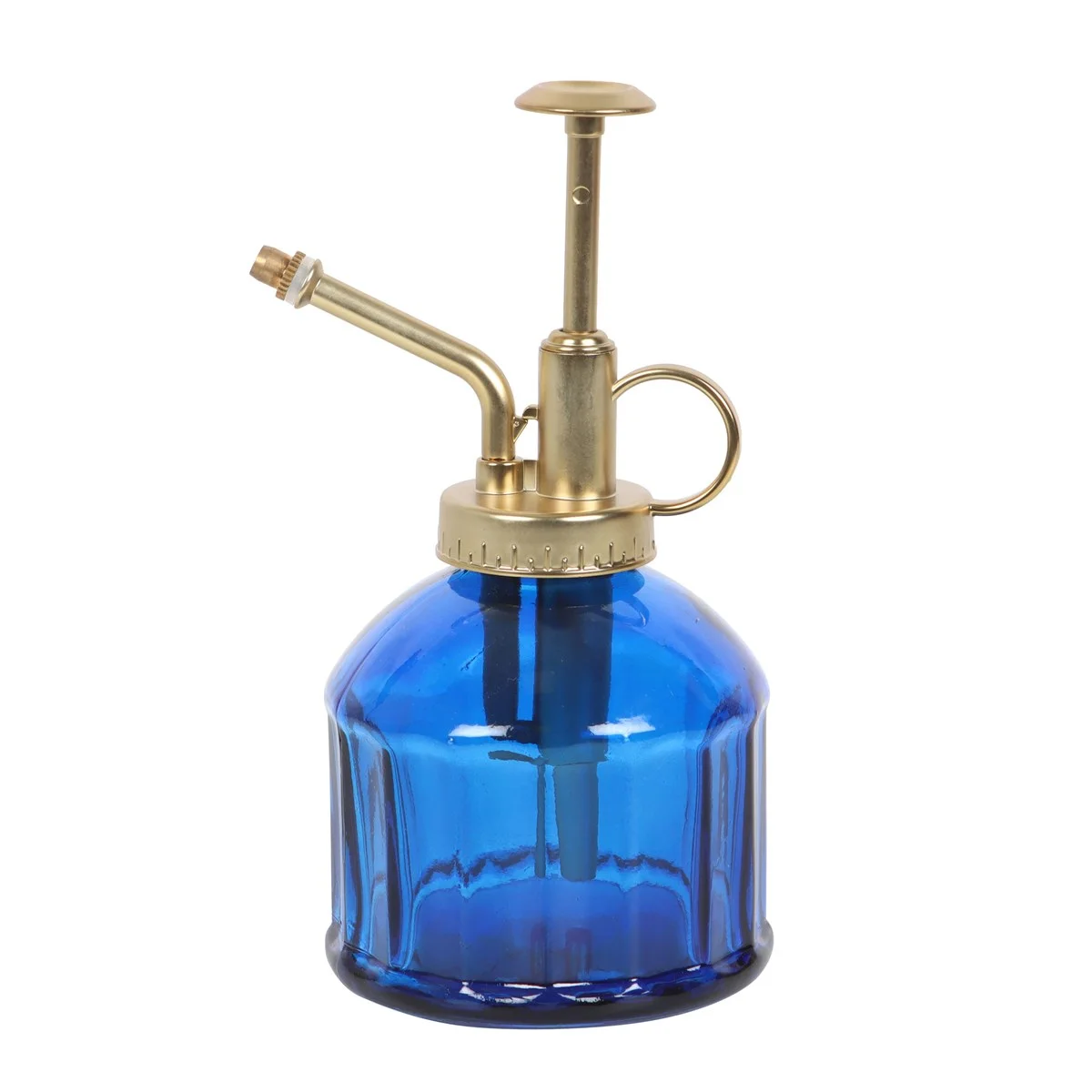 Small blue glass plant mister with gold metal pump and thumb holder, 16cm tall, vintage style for indoor plants