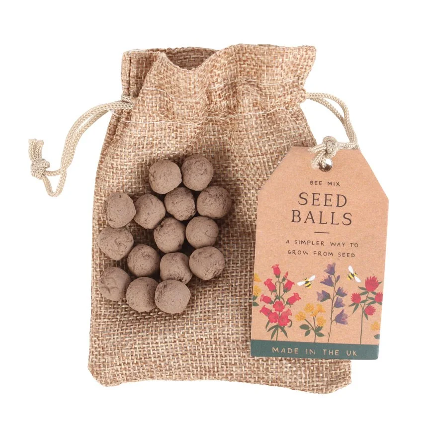 Bag containing 24 garden seed balls for wildflowers, ready to scatter on soil to grow a vibrant garden
