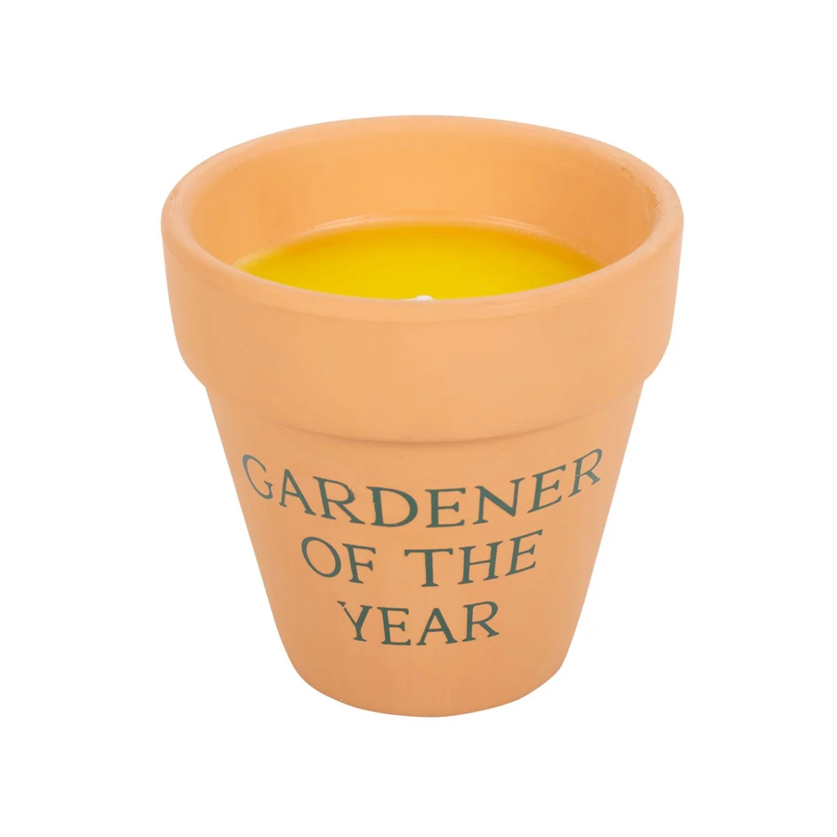 Ceramic pot with Gardener of the Year text holding a lit citronella garden candle for outdoor use