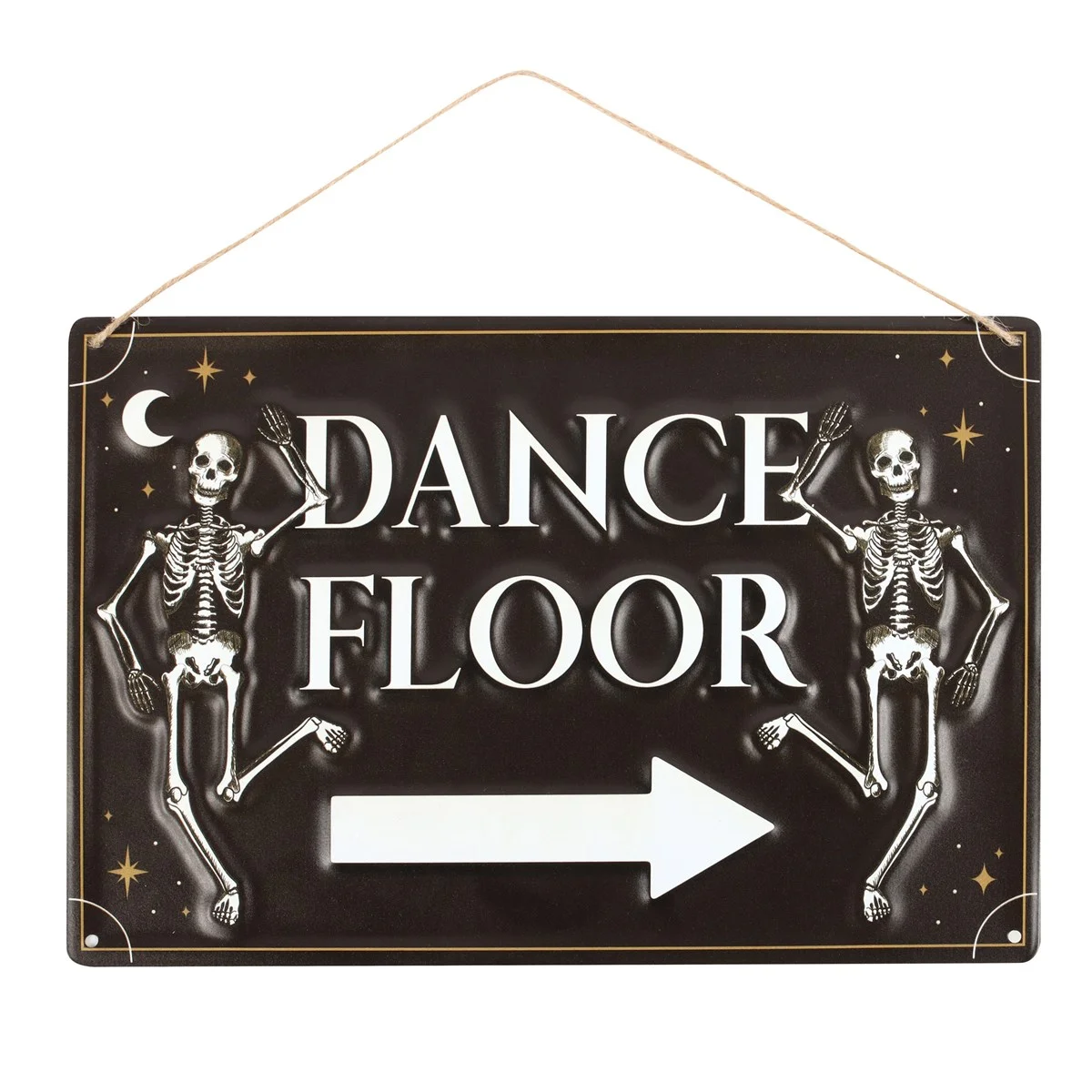 Black metal dance floor hanging sign with two dancing skeletons, perfect for spooky party decor.